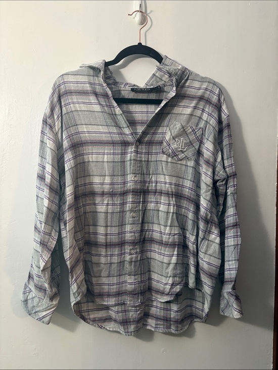 Ralph Lauren Tops - Ralph Lauren Light Gray and Purple Plaid Casual Button-Down Shirt